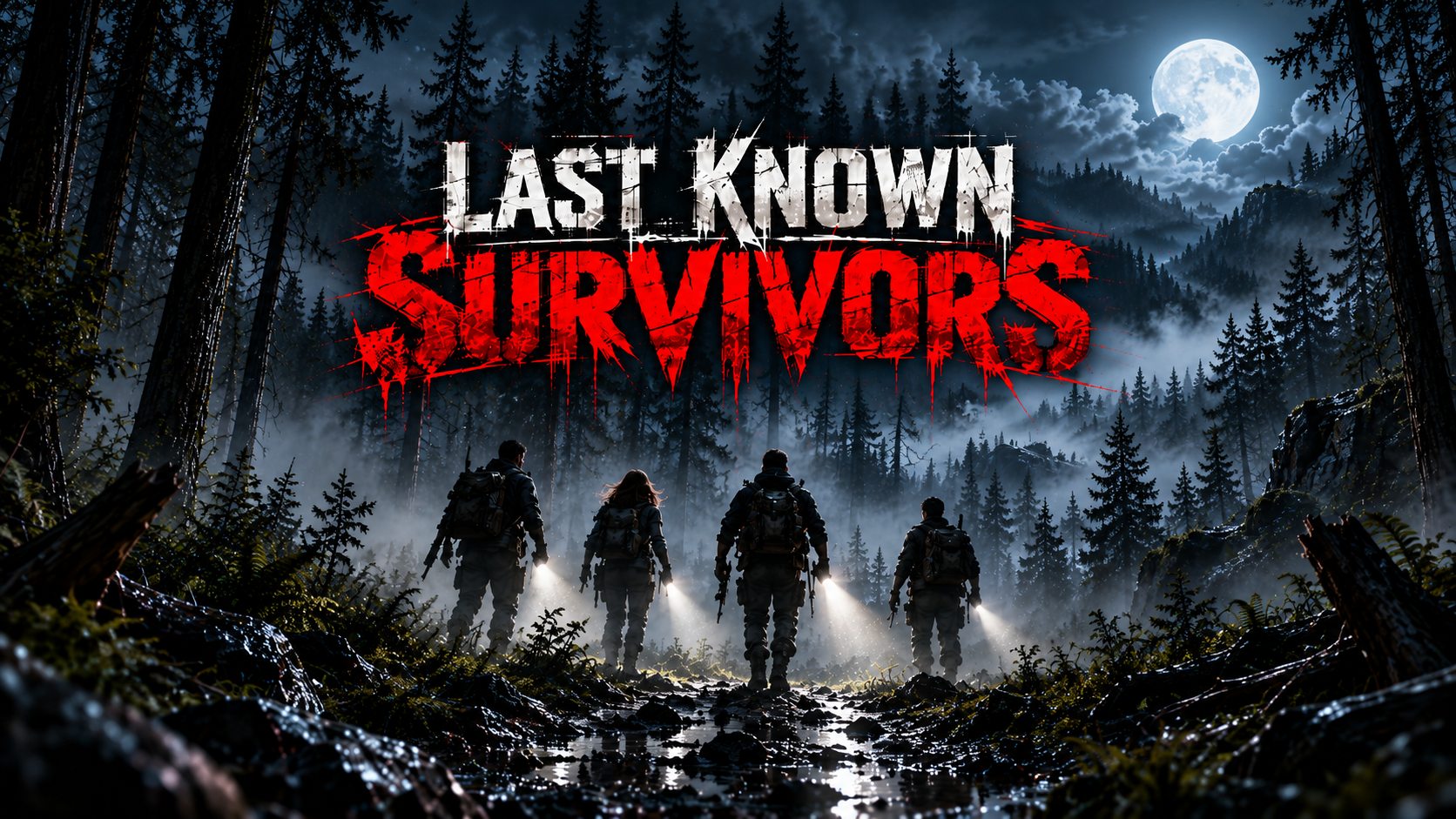 Promotional illustration showing four survivors entering a dark, misty forest with flashlights